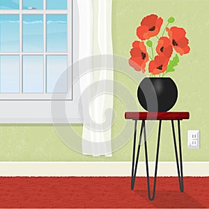 Flower vase with red poppies home interior window