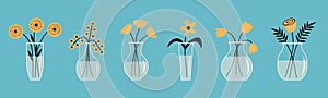 Flower in vase set line. Glass vases with water. Different yellow flowers. Cute colorful icon collection. Daisy, rose, tulip,