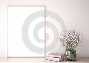 Flower in vase on wooden shelf with frame and book, mock up poster frame on wall, 3d rendering