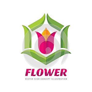 Flower - vector logo template concept illustration in flat style. Abstract tulip sign with green leaves. Geometric creative symbol