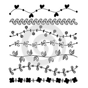 Flower vine leaves hand drawn doodle vector line border set and design element