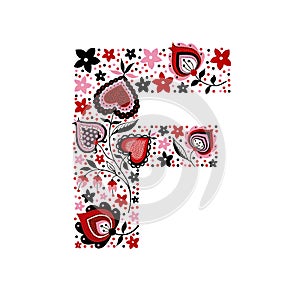 Flower vintage alphabet letter F with folk motives. Hand drawn watercolor and gouache abstract hearts isolated on white background