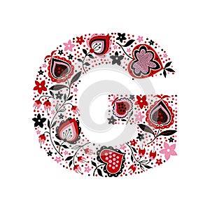 Flower vintage alphabet letter G with folk motives. Hand drawn watercolor and gouache abstract hearts isolated on white background