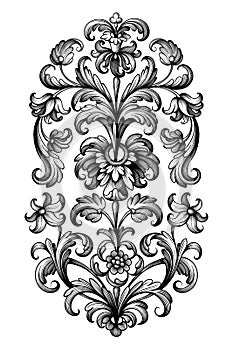 Flower vintage Baroque scroll Victorian frame border floral ornament engraved retro pattern lily peony tattoo filigree vector