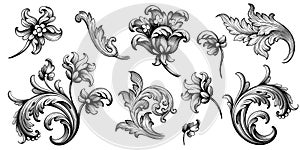 Flower vintage Baroque scroll Victorian frame border floral ornament engraved retro pattern rose peony tattoo filigree vector