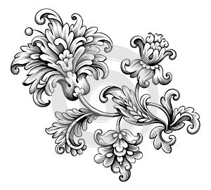 Flower vintage Baroque scroll Victorian frame border floral ornament engraved retro pattern rose peony tattoo filigree vector