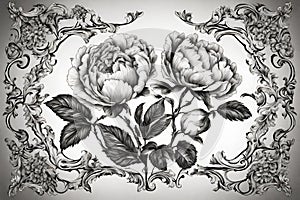 Flower vintage scroll Baroque Victorian frame border rose peony floral ornament leaf engraved retro pattern decorative design