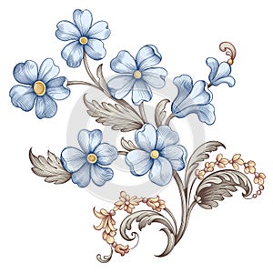 Flower vintage spring summer Baroque scroll Victorian forget me not frame border floral ornament engraved tattoo filigree vector
