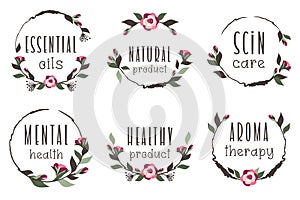 Flower vintage template with text aromatherapy, mental health, essential oil, scin care. Hand drawn floral design. Vector