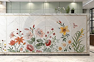 Flower Wall Decor with Digital Tile Design on Marble
