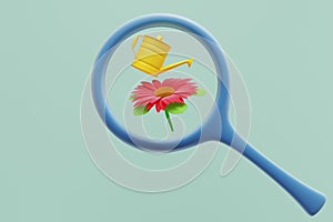 Flower and watering can under magnifying glass.