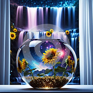 flower in the window magical land of sunflowers, at night, waterfall