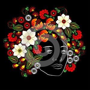 Flower. Woman's face. Vector in Ukrainian traditional painting