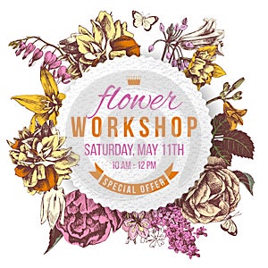 Flower workshop paper label on floral background