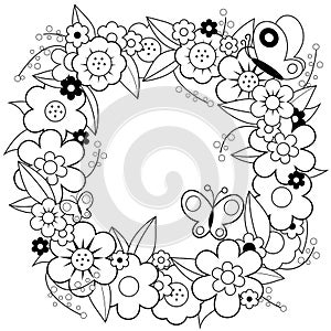 Flower wreath and butterflies. Vector black and white coloring page.