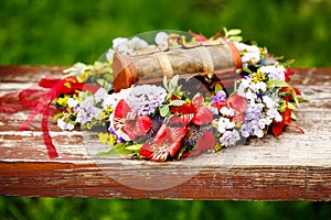 Flower wreath decoration with wooden box