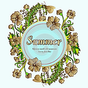 Flower wreath, gold garland, flower frame, border, summer landscape