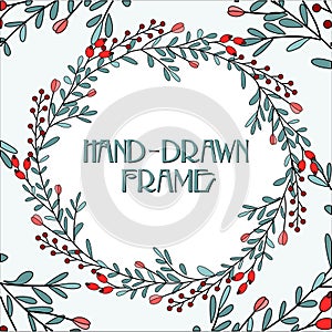 Flower wreath. Greeting card with hand-drawn Christmas wreath. Christmas retro invitation.
