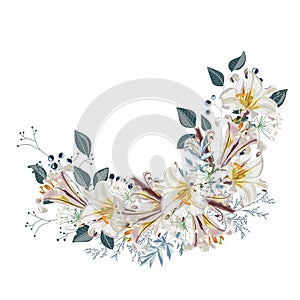 Flower wreath with leaves and white lilies flowers. Design of the invitation. Background for save the dates.