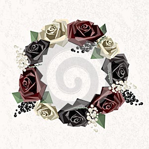Flower wreathes consisting of roses and decorative branches in low poly style.