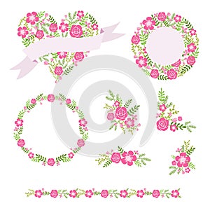 Flower wreaths and bouquets, wedding graphic vector set.