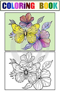 Flower with yellow butterfly. Seth coloring book and color drawing. Vector generative ai.