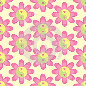Flower with yin yang symbol with hearts in pink yellow green color. Vector background, Cute y2k hippie print, wallpaper