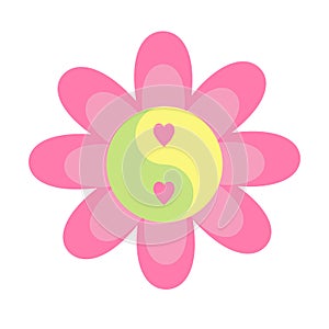 Flower with yin yang symbol with hearts in pink yellow green color. Vector illustration isolated on white background