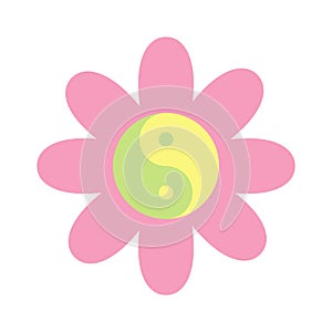 Flower with yin yang symbol in pastel pink yellow green color. Vector illustration isolated on white background. Cute