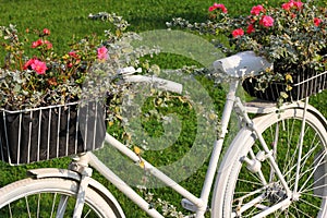 Flowerbad with flowers made from bike.