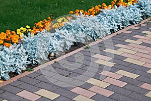 A flowerbed of orange flowers is located along the green lawn and cobblestone paths