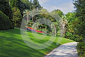 The flowerbeds, lawn and path