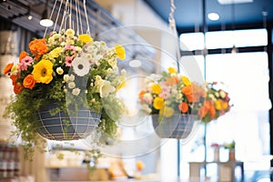 flowered hanging baskets in a retail setting