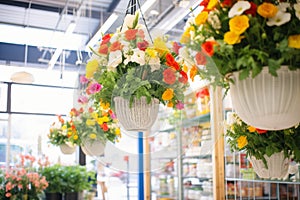 flowered hanging baskets in a retail setting