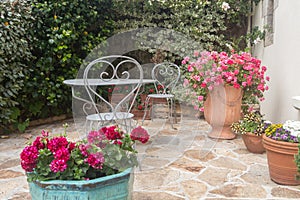 Flowered terrace with garden furniture