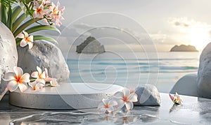 A flowerfilled podium by the water, rocks, and plants under the summer sky