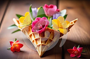 A flowerfilled waffle cone displayed on a wooden table