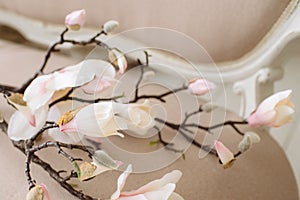 Flowering branch with buds lies on the couch. Close-up