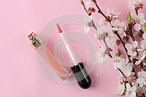 Flowering branch. Spring flowers and lipgloss on a bright pink background. top view
