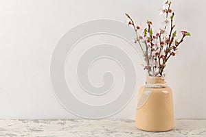 Flowering branch. Spring flowers in a vase on a light concrete table