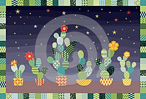 Flowering cactuses in pots on the background of starry sky. Beautiful picture with patchwork frame. Vector illustration