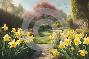 Flowering daffodils. Daffodil flowers bloom at sunset. Flower alley. AI generated