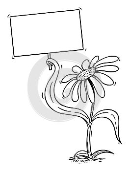 Flowering Daisy Plant Cartoon Character Holding Empty Sign in Leaf, Vector Illustration