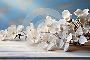 Flowering dogwood closeup on white wood table delicate beauty captured