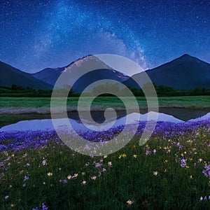 Flowering field under starry sky. Flowering field beside lake with starry sky. Beautiful night with bright stars
