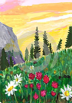 A flowering mountain meadow at sunset. Children`s drawing