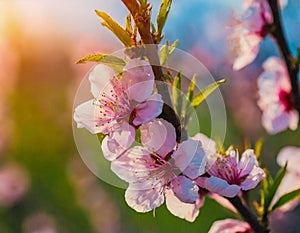 flowering peach with flowers on spring day