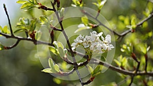 Flowering pear tree Pyrus syriaca This family of ornamental trees produces white spring blossom. White flowers of Pyrus syriaca