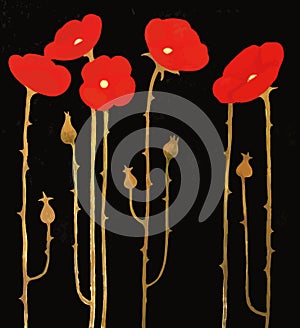 Flowering red poppies on black background, painting artwork