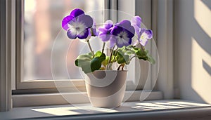 Flowering Saintpaulia. Saintpaulia flowers on the windowsill. Flowers in a pot. AI generated